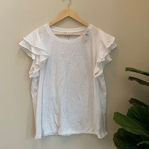 Loft NWT White Cotton Top with 2 layer Flutter Sleeve